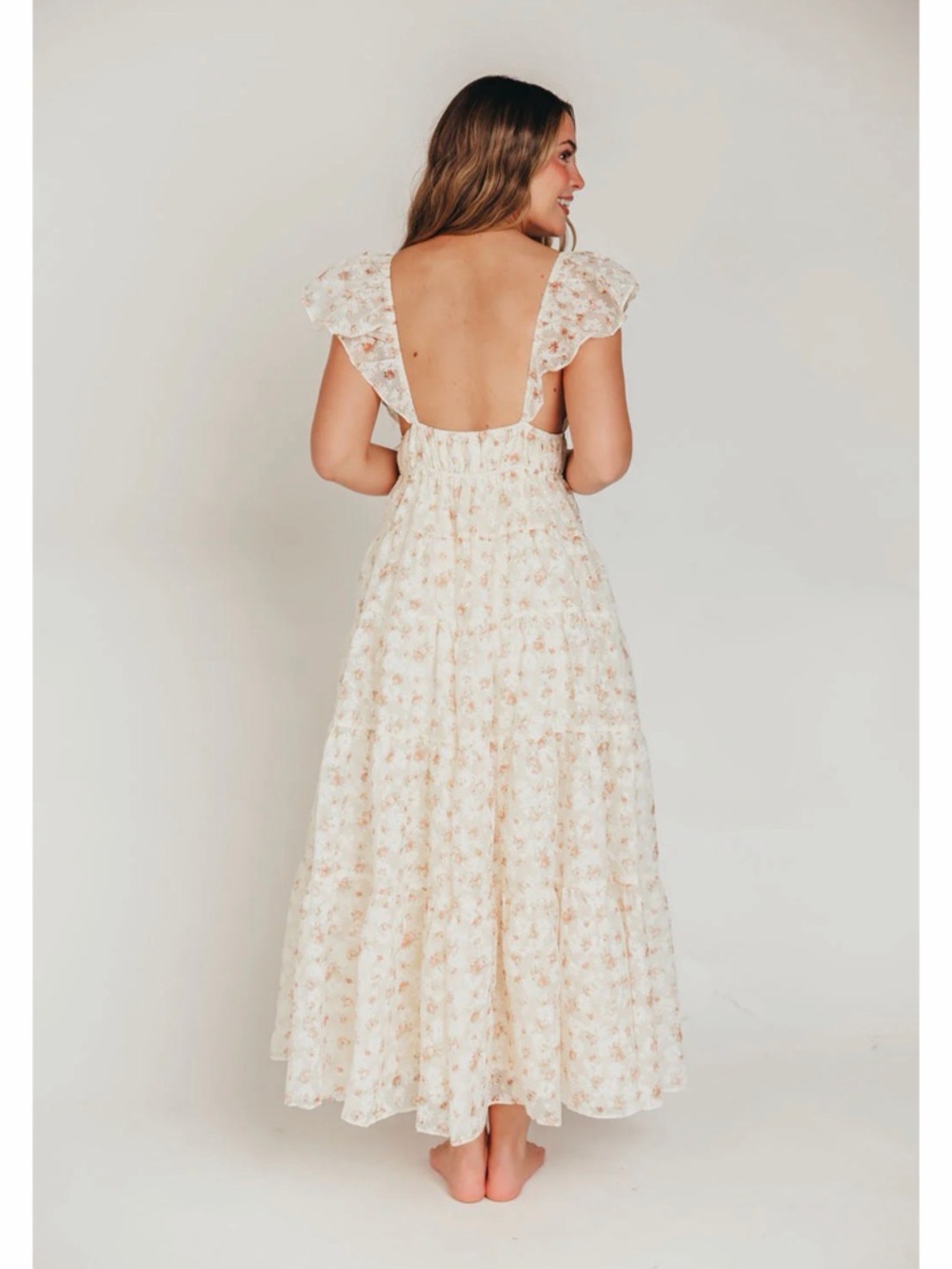 Altar'd State ENCHANTED FLORAL & GINGHAM RUFFLED MAXI DRESS IN CREAM/PEACH S-XS - Picture 8 of 16